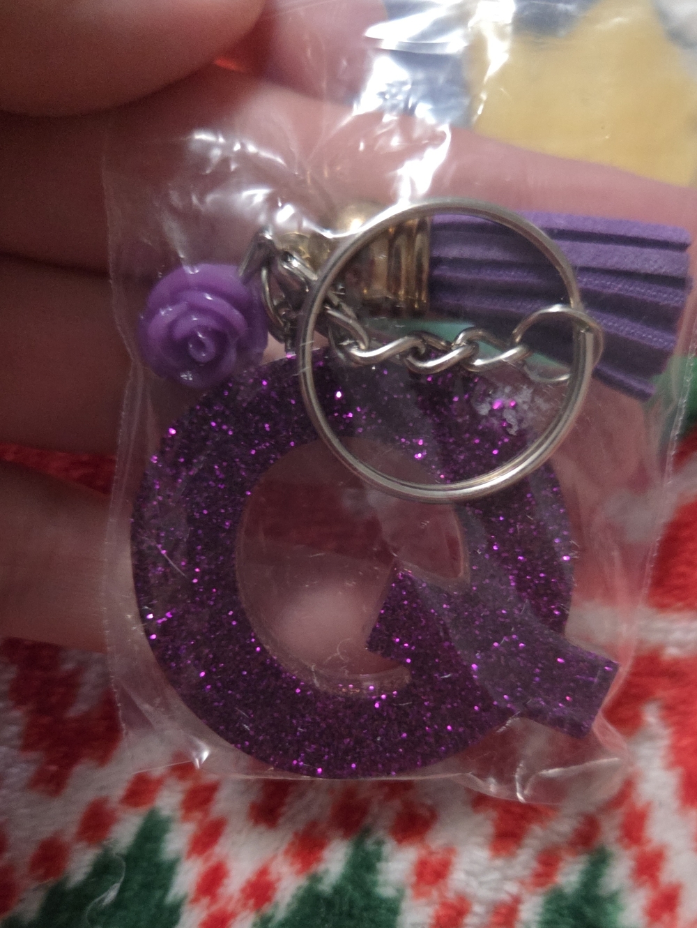Glitter Purple Letter Q Key & Tassel Charm
